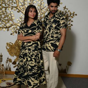 Couple Matching Black Printed Cotton Anarkali Midi Dress & Shirt Set ? Summer Casual Wear